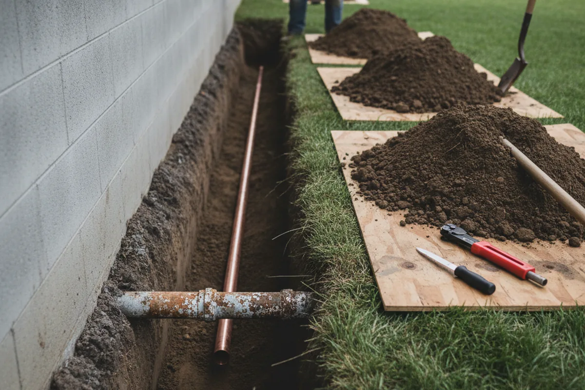 Excavated water line trench during Water Softener Installation in Hampton Bays
